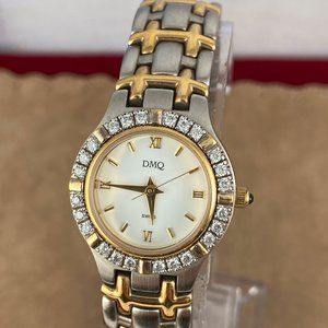 DMQ Swiss Watch Satin Finished Silver and Gold Tone with Crystal Bezel